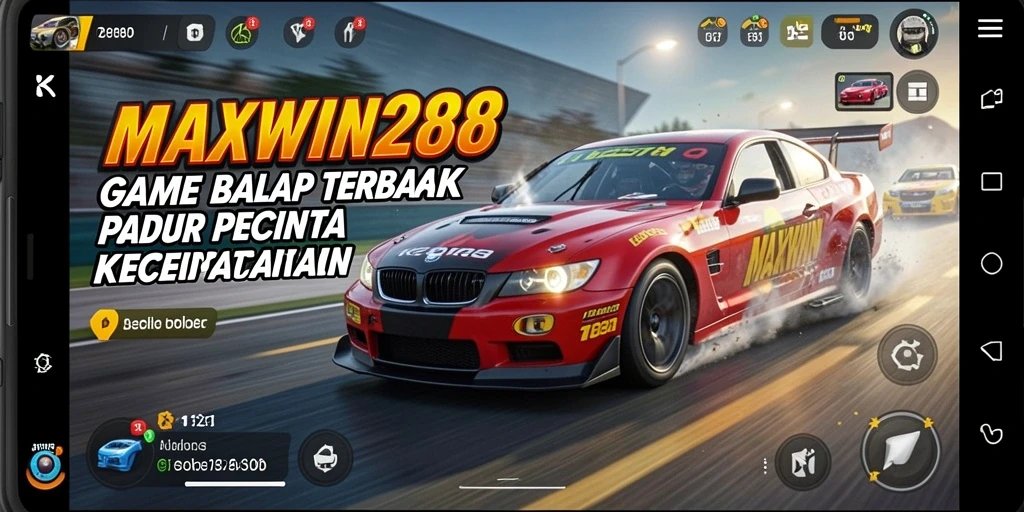 Screenshot gameplay <strong>MAXWIN288</strong> yang menampilkan aksi balapan seru di lintasan.
