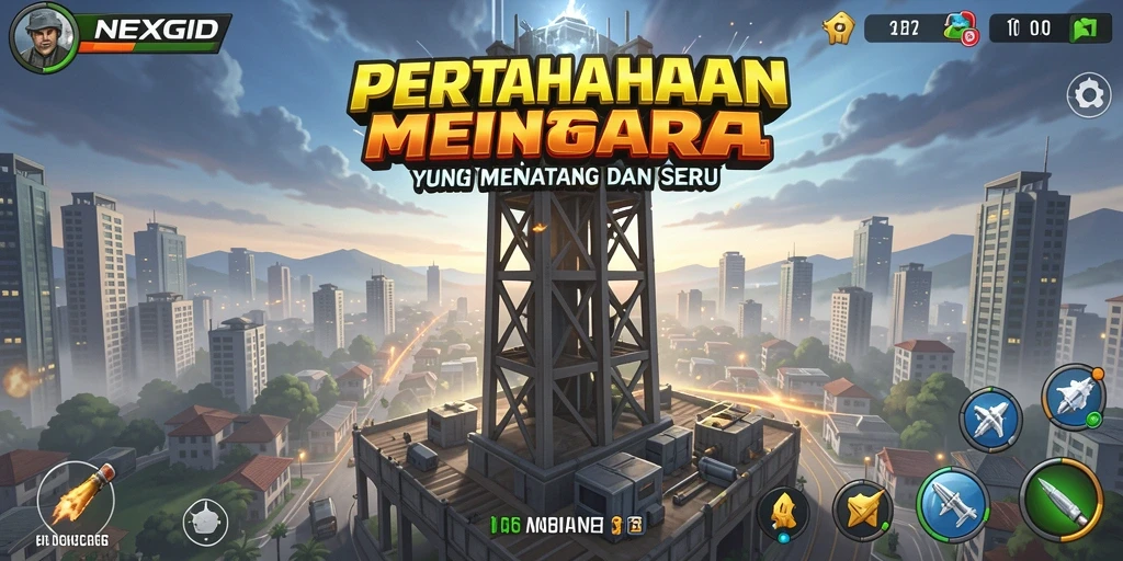 Tangkapan layar gameplay NEXGID menampilkan pertahanan menara yang epik.