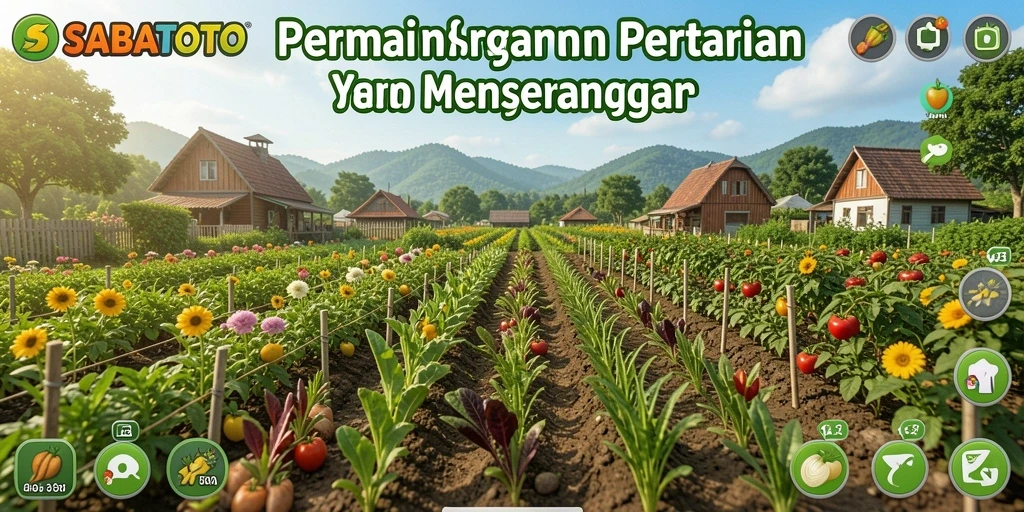 Screenshot gameplay SABATOTO menampilkan ladang pertanian yang indah dan aktivitas pertanian.