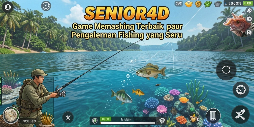 Screenshot utama SENIOR4D menampilkan aksi memancing yang seru dan penuh warna.